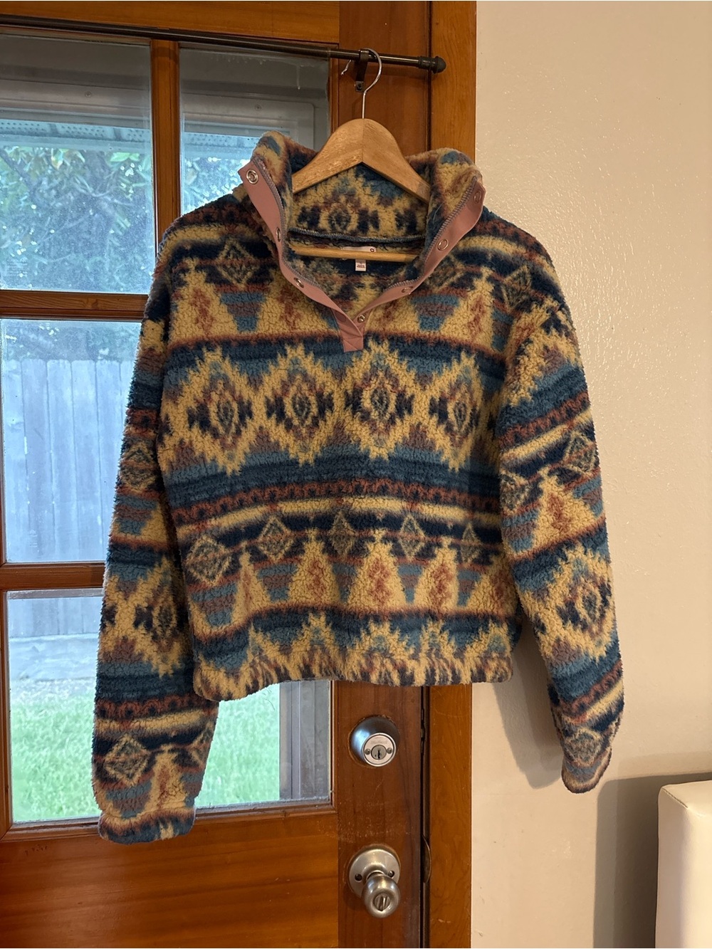 SO Southwestern Vintage Faux Fur Geometric Boho Cabincore Rustic Sweater